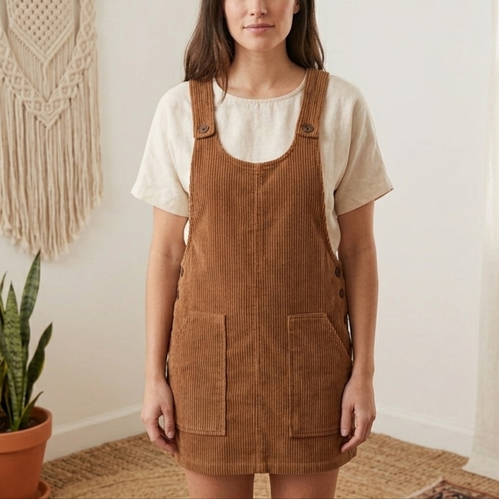 Others Follow Tan Corduroy Overall Dress XS Brown Pinafore Mini Vintage Style